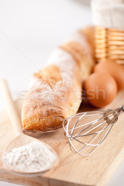 Brot Mehl Eier Küchengerät Still-Leben Holzbrett Stock foto © marylooo