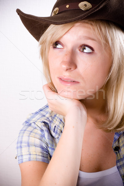 Foto stock: Bastante · ocidental · mulher · retrato · vaqueiro