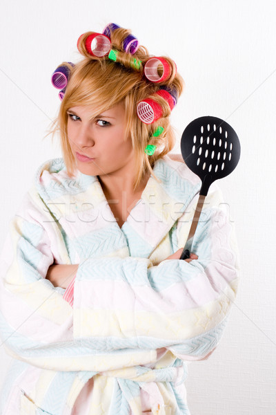 housewife with curlers and skimmer Stock photo © marylooo