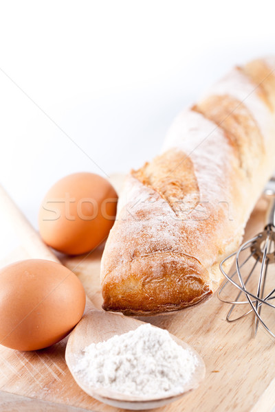 Kenyér liszt tojások konyhai eszköz csendélet fából készült Stock fotó © marylooo