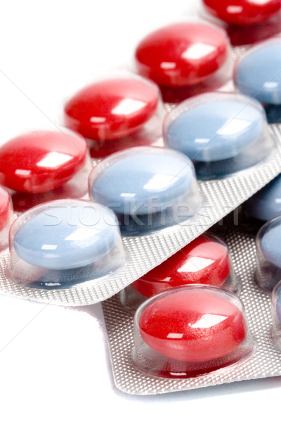 Foto stock: Rojo · azul · pastillas · plástico · ampolla · primer · plano