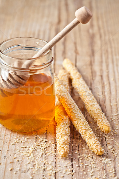 Stock foto: Sesam · Honig · Brot · Holzbrett · Essen · Frühstück