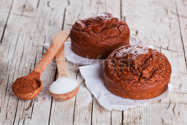 fresh baked browny cakes, sugar and cocoa powder Stock photo © marylooo