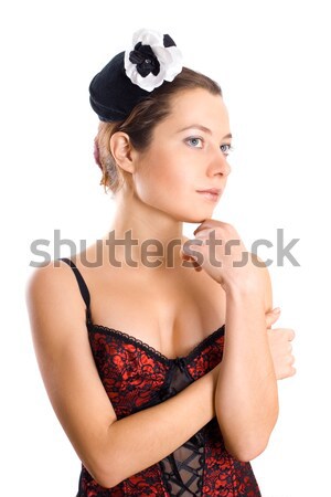 attractive woman in corset and little hat Stock photo © marylooo