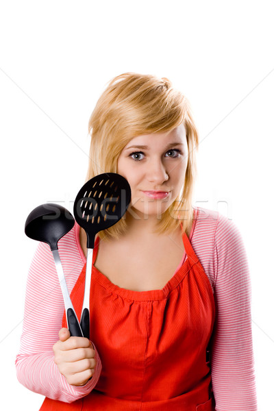 Jovem dona de casa utensílio de cozinha isolado branco mulheres Foto stock © marylooo