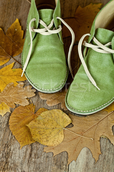 pair of green leather boots and yellow leaves  Stock photo © marylooo