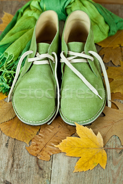 pair of green leather boots, scarf and yellow leaves Stock photo © marylooo