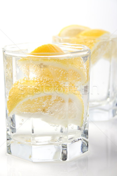 Foto stock: óculos · soda · água · limão · dois · fatias
