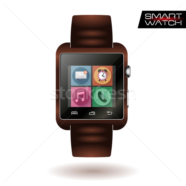 Modern shiny smart watch with leather bracelet app icons isolated on white Stock photo © MarySan