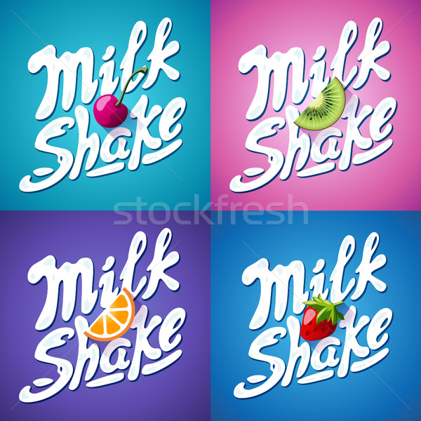 Set of lettering milkshake sign with Strawberry, kiwi, orange, cherry - label Stock photo © MarySan