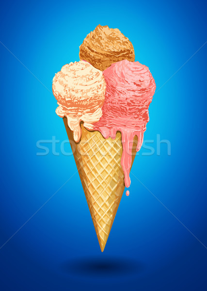 Ice cream balls waffle cone isolated on blue photo-realistic illustration Stock photo © MarySan