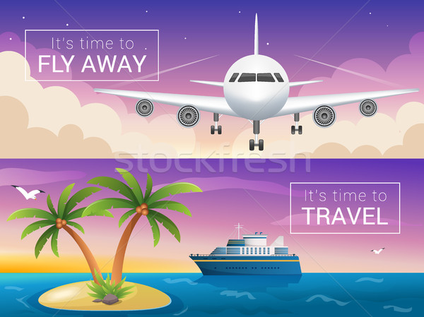 Vector travel banners set. Passenger airplane in the clouds., cruise liner Stock photo © MarySan