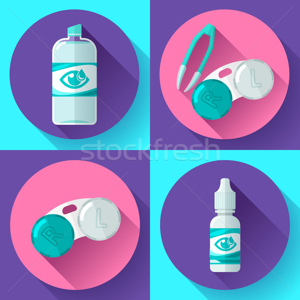 Contact lens Container, daily solution, eye drops and tweezers icons Stock photo © MarySan