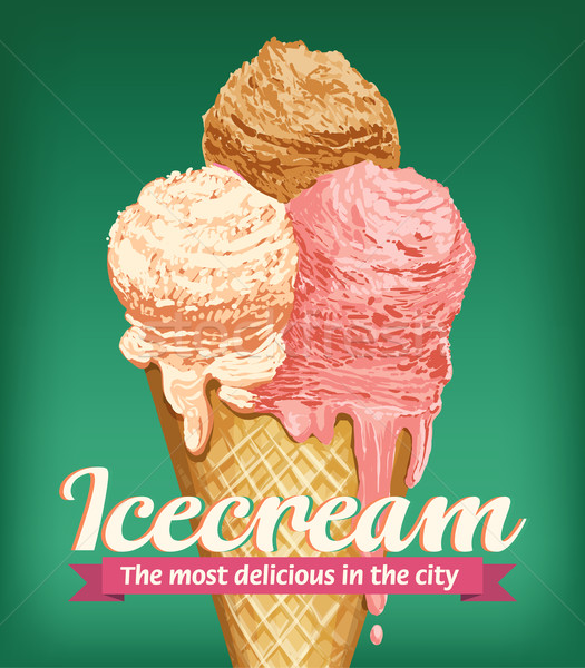 Stock photo: Ice cream balls waffle cone isolated on green photo-realistic illustration