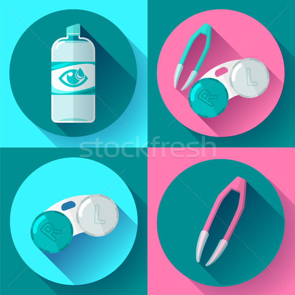 Contact lens case. Container, daily solution and tweezers, for contact lenses  Stock photo © MarySan