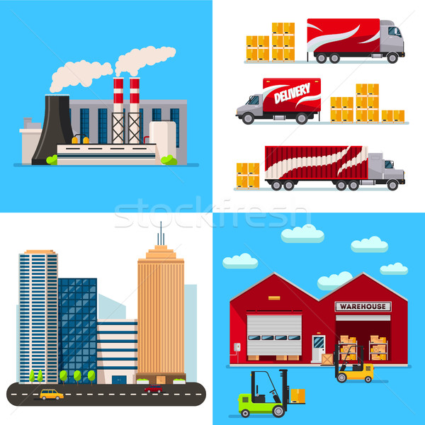 Warehouse, Factory building, city and transportation cars flat style concept Stock photo © MarySan