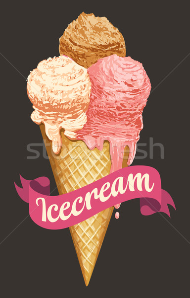Ice cream balls waffle cone isolated on green photo-realistic illustration Stock photo © MarySan
