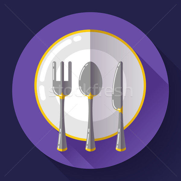 Stock photo: Dishes - Plate knife and fork icon. Flat vector design with long shadow