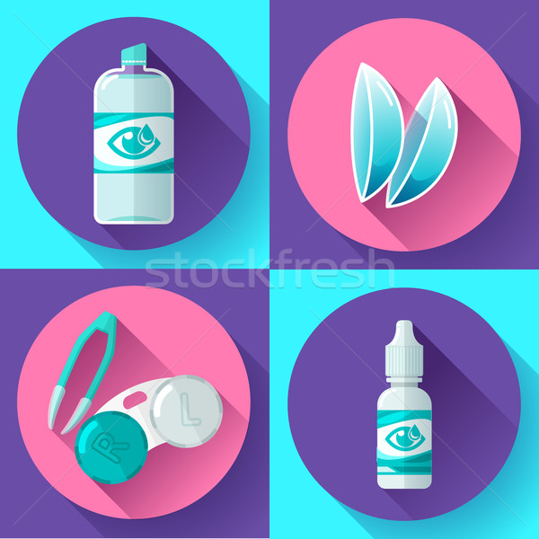 Contact lens, Container, daily solution, eye drops and tweezers icons Stock photo © MarySan