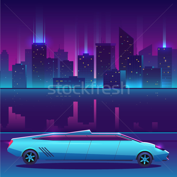 Limousine vector in front of night city urban landscape, luxury metropolis. Stock photo © MarySan