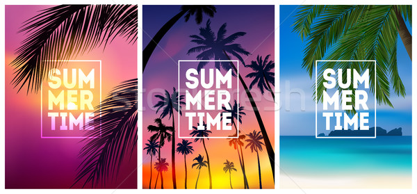 Summer tropical backgrounds set with palms, sky and sunset. Summer placard poster flyer invitation c Stock photo © MarySan