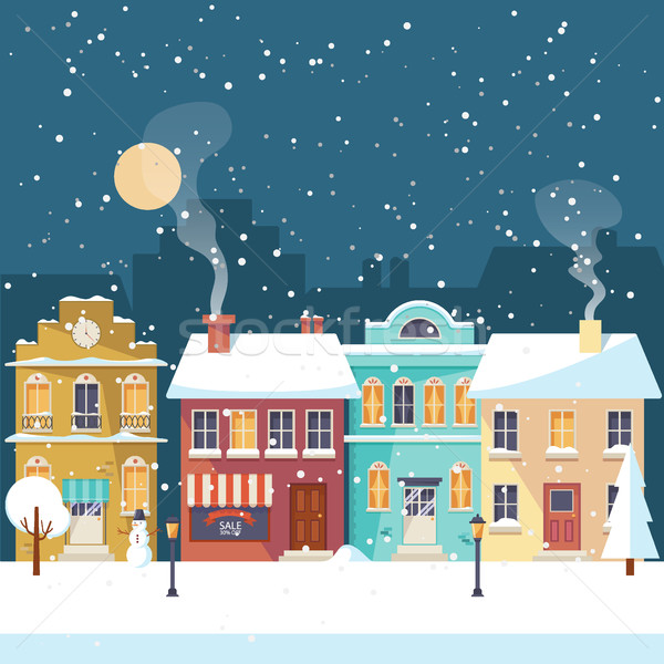 Stock photo: Snowy Christmas night in the cozy town greeting card