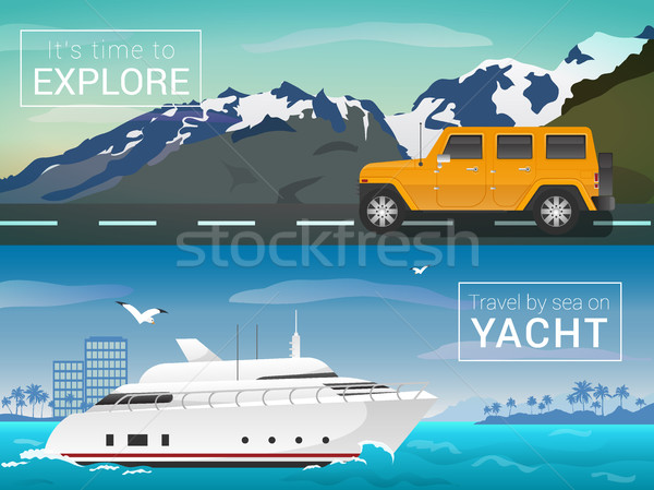 Stock photo: Travel by sea and land. Yacht in the bay of tropical islands. Jeep in the mountains on the road. Tou