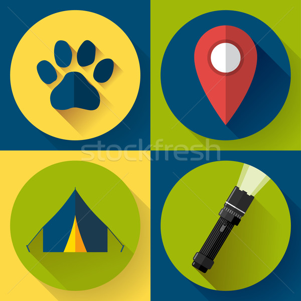 Camping Hiking icons set, flat design style vector Stock photo © MarySan