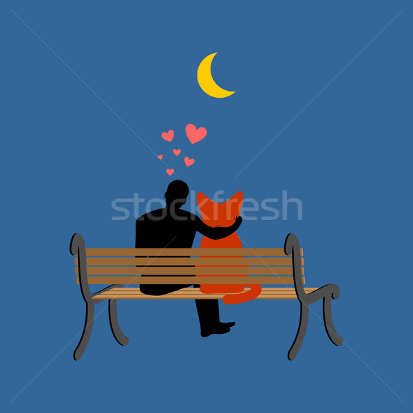 Cat lover sitting on bench. my kitty. Pet and guy. Romantic date Stock photo © MaryValery