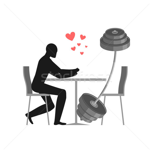 Lover Fitness sport. Man and barbell in cafe. Lovers sitting at  Stock photo © MaryValery