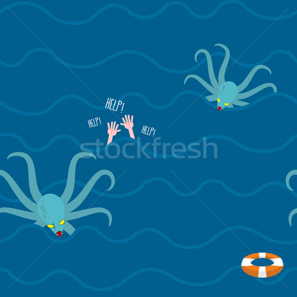 Octopus in ocean. Man drowns seamless pattern. Repeating Waves i Stock photo © MaryValery