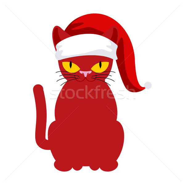 Santa Cat. Pet in Christmas hat. New Year illustration. Xmas tem Stock photo © MaryValery