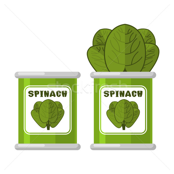 Spinach in tin. Useful Herbs. Green lettuce leaves. Dietary vege Stock photo © MaryValery