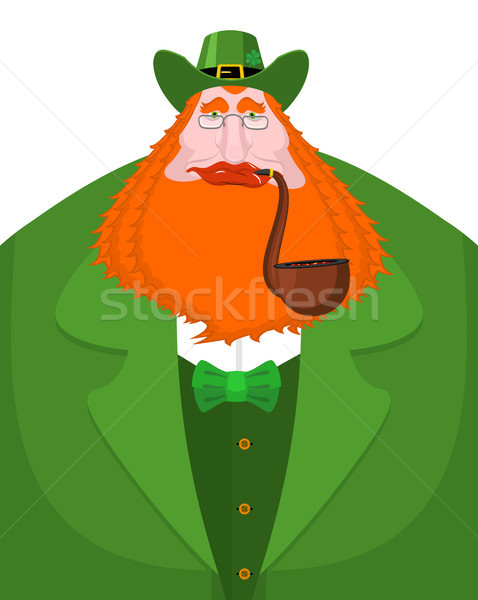 St. Patrick's Day Leprechaun with red beard and pipe. Green hat. Stock photo © MaryValery