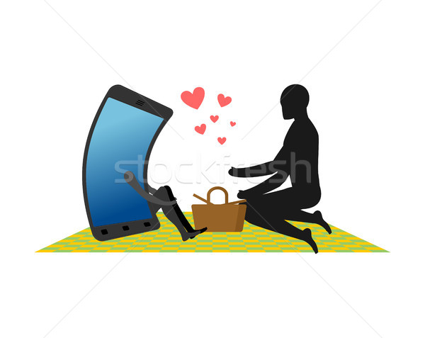 Lover of gadgets. Man and smartphone On picnic. Basket and picni Stock photo © MaryValery