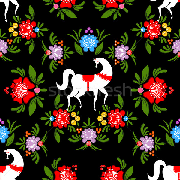 Gorodets painting Black horse and floral seamless pattern. Russi Stock photo © MaryValery