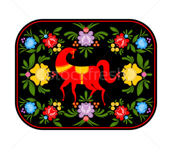 Gorodets painting red horse and floral elements tray. Russian na Stock photo © MaryValery