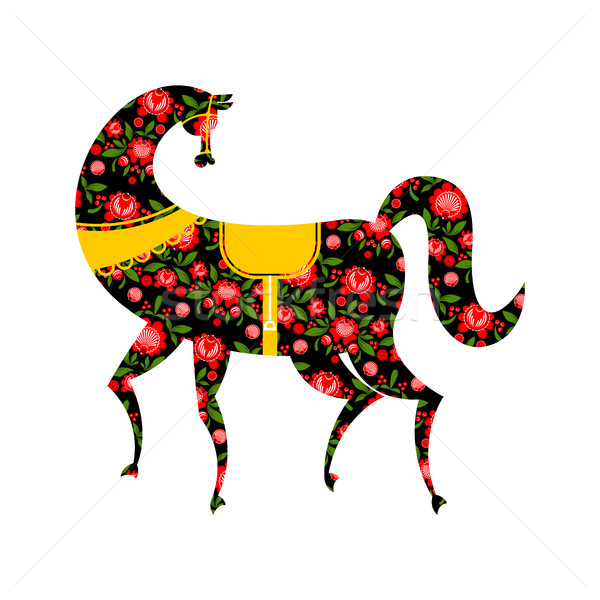 Gorodets painting Black horse and floral elements. Russian natio Stock photo © MaryValery