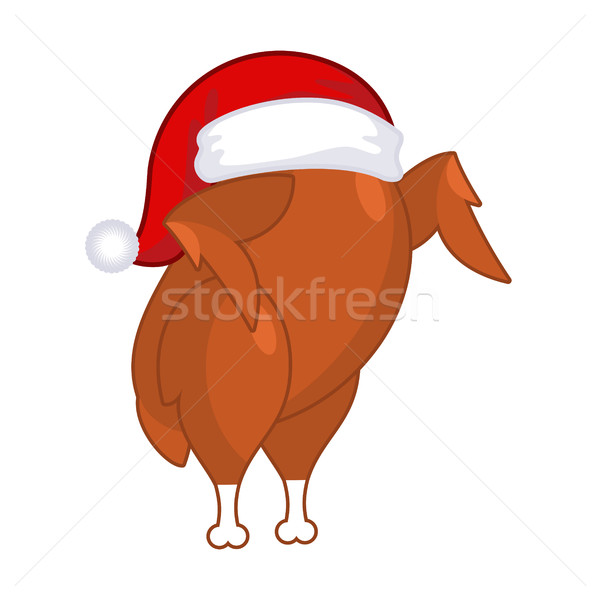 Stock photo: Christmas turkey in Santa Claus cap. Roast fowl on plate. Fried 