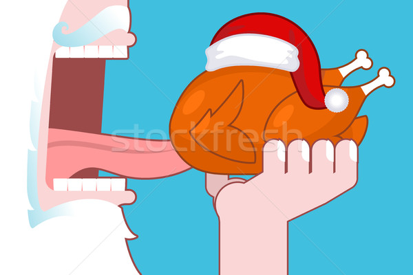 Santa eating Christmas turkey. Open mouth and teeth. Long tongue Stock photo © MaryValery