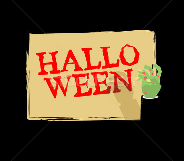 Halloween Zombie hand holding white sheet. Green hand holds and  Stock photo © MaryValery