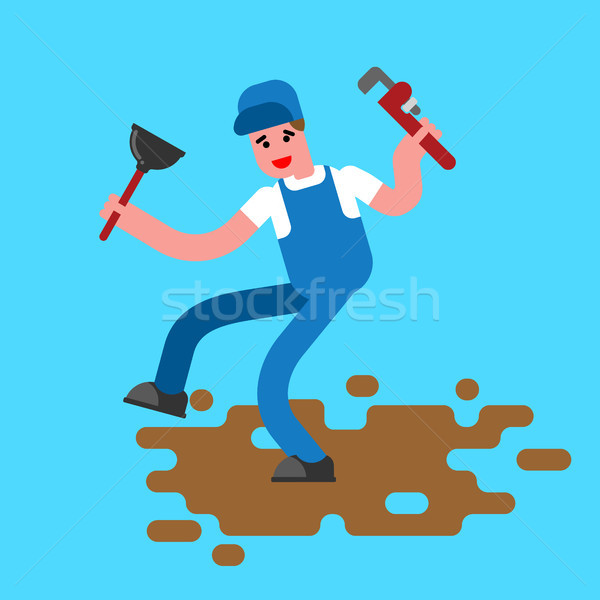 Plumber with wrench and plunger contour style. The plumber goes  Stock photo © MaryValery