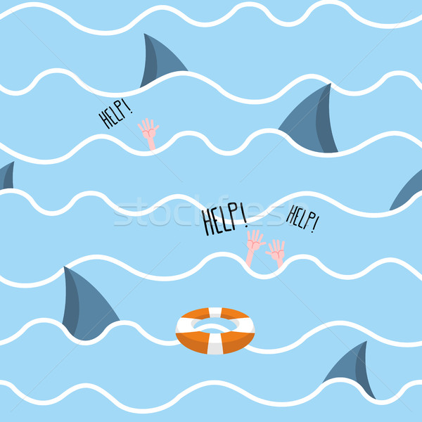 Shark in  sea seamless pattern. Man drowns. Scenery screams help Stock photo © MaryValery