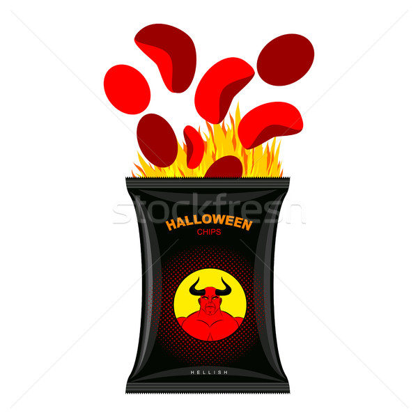 Hellish chips for Halloween. Packing snacks with Satan. Hellfire Stock photo © MaryValery