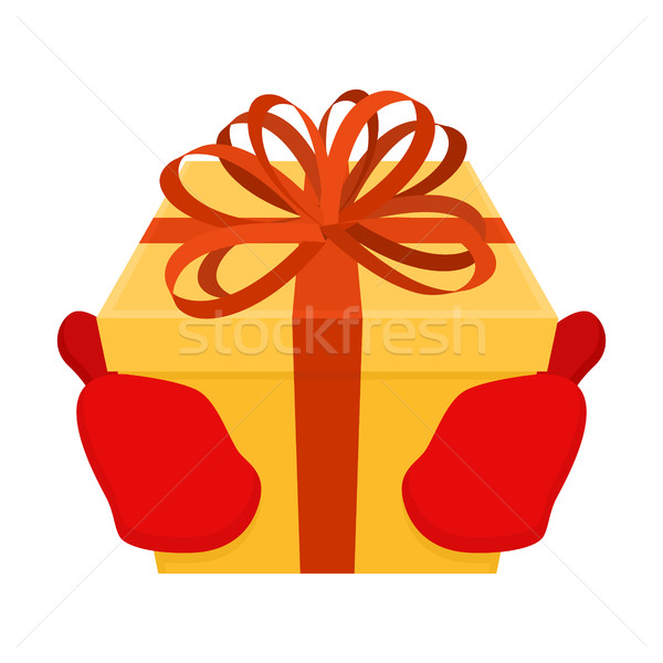 Gift on Christmas. Santa gloves and box with bow. Red tape and y Stock photo © MaryValery