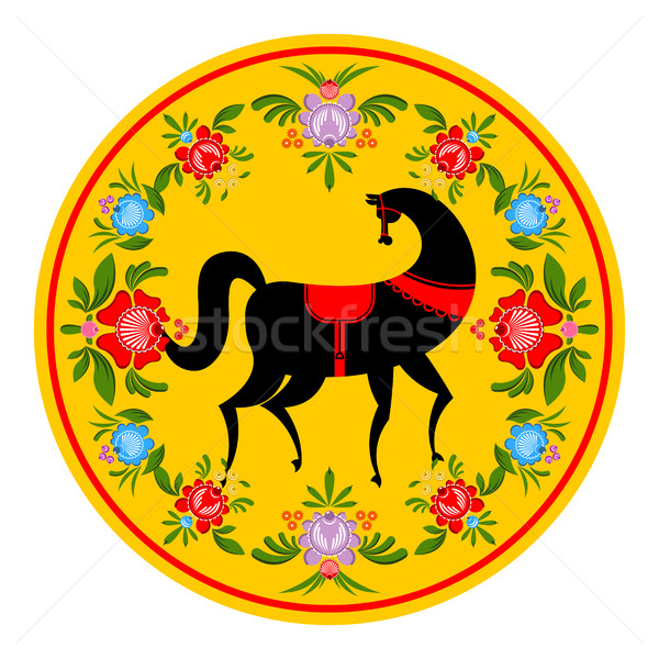 Gorodets painting Black horse and floral elements. Russian natio Stock photo © MaryValery