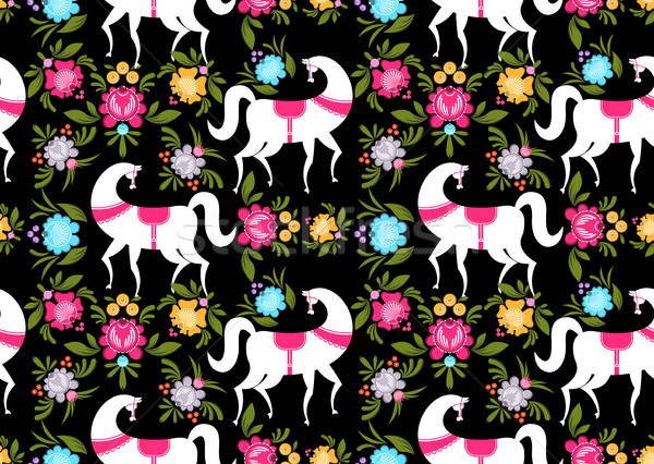 Gorodets painting Black horse and floral seamless pattern. Russi Stock photo © MaryValery