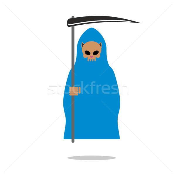 Death skull cat in blue cloak. Grim Reaper pets with scythe. Stock photo © MaryValery