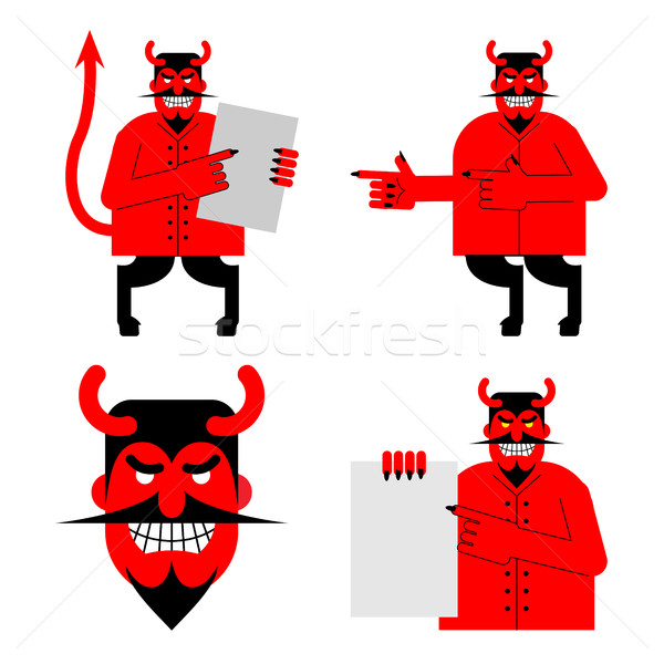 Stock photo: Set satana and devil. Daemon in different poses. Scary red demon
