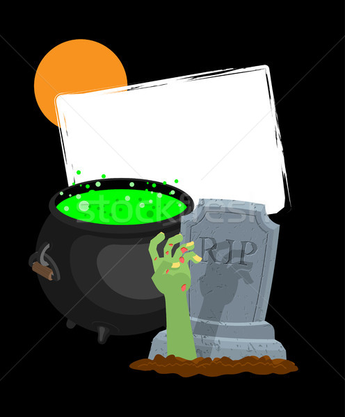 Stock photo: Halloween template. Pot with magical potion and hand of zombie. 